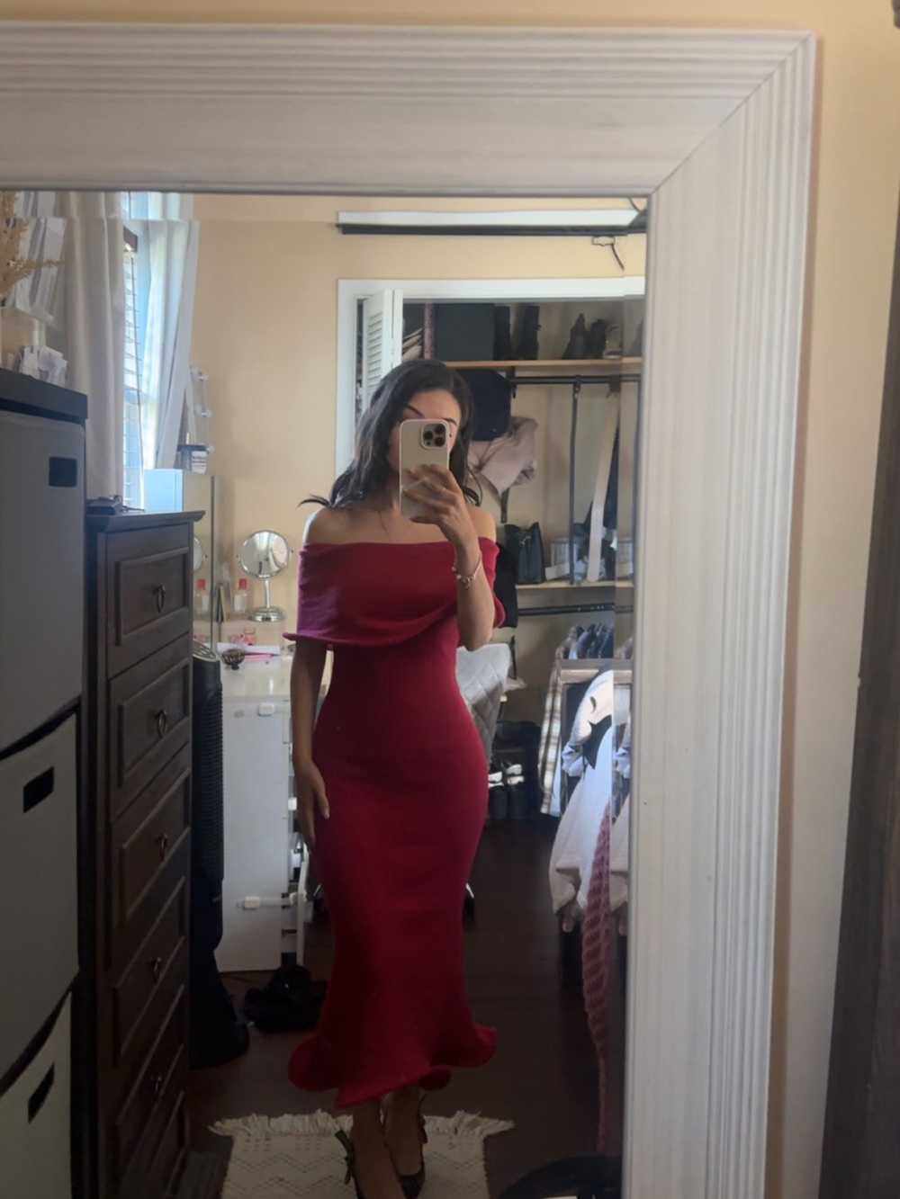 Meshki Off-Shoulder Red Midi Dress
